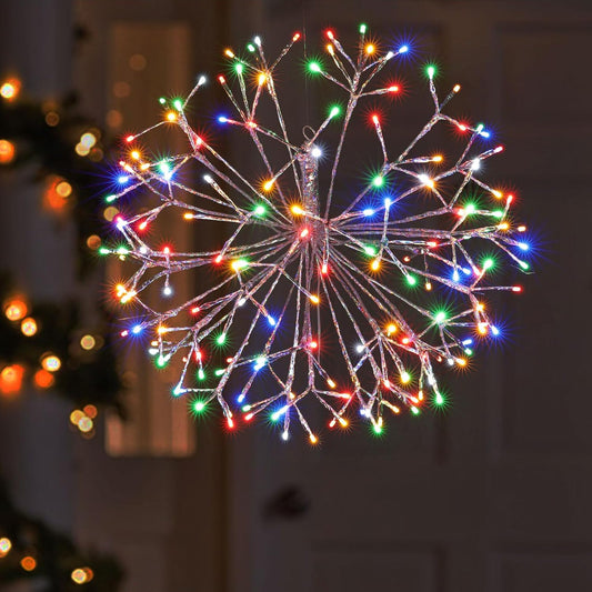 Christmas Hanging Starburst Lighted Branches, Pre-Lit 24’’ Dia Sliver Starry with 160PCS Multi Color LED Twinkle Hanging Ball Light Plug in Indoor