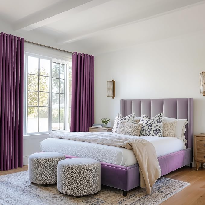Jowels Purple Linen Blackout Curtains 84 Length 2 Panels Set for Living Room Bedroom, 100% Black Out Thermal Insulated Linen Drapes, Room Darkening Grommet Curtains 84 Inches Long, Purple