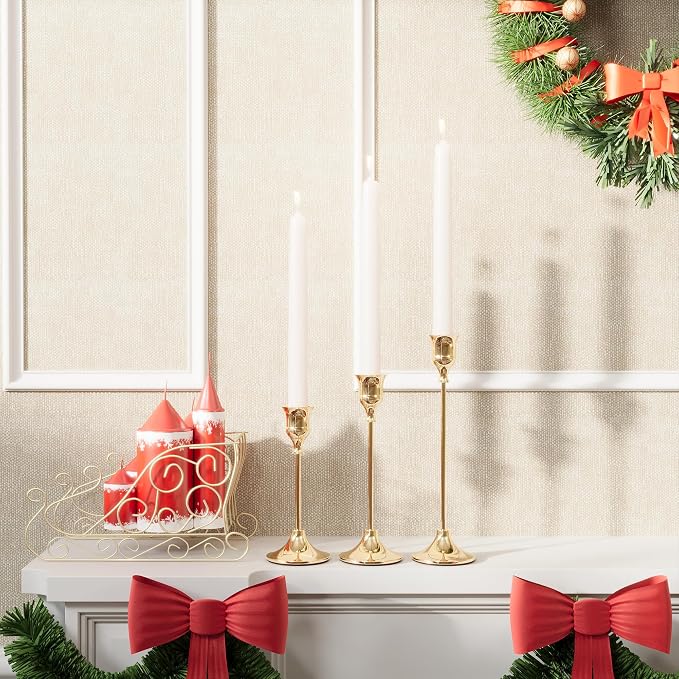 NLBTW French Gold Candlestick Holders Taper Candle Holders, Set of 3 Vintage Candle Sticks Holder Decor Used as Fireplace Mantel or Table Centerpieces for Wedding, Dinning, Party