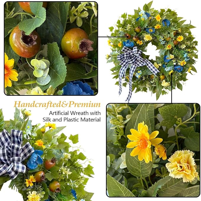 WANNA-CUL 24 Inch Blue Yellow Summer Wreath for Front Door All Season Decor | Blue Yellow Floral Wreath with Pomegranates and Daisies, 24-inch, Indoor Outdoor Farmhouse Decor for Spring Summer Fall