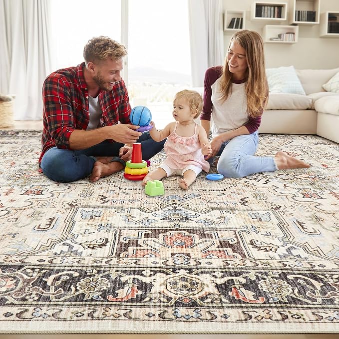 11x14 Area Rugs for Living Room - Large Carpet Ultra Thin Soft Washable Oriental Vintage Floral Distressed Big Indoor Carpets for Bedroom Nursery Dorm Home Decor Aesthetic - Multi Color
