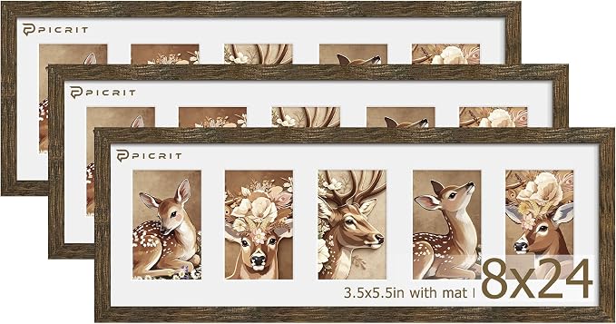 Picrit 8x24 Wooden Brown Rustic Collage Picture Frame 3 Pack, Fits Five 4x6 Photos or One 8x24 Picture, Gallery Frame Set - Poster Frames for Horizontal or Vertical Display