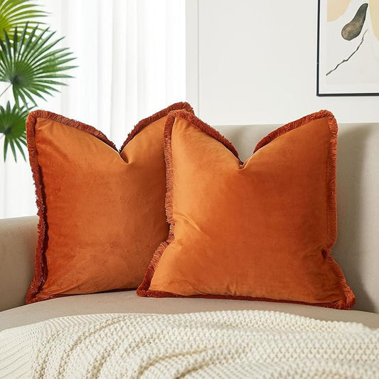 JUSPURBET Rust Decorative Velvet Fringe Throw Pillow Covers 18x18 Set of 2 Boho Soft Cushion Case for Home Decor Living Room Couch Sofa Bed
