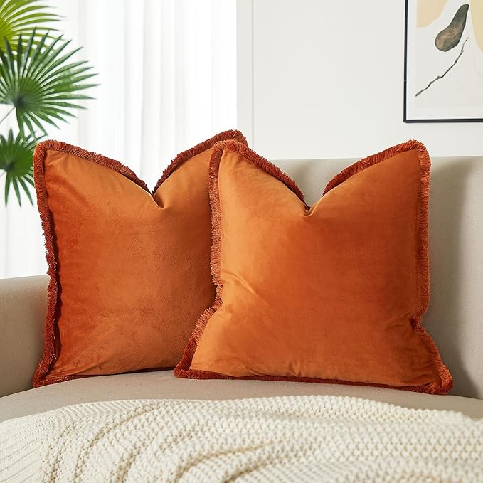 JUSPURBET Rust Velvet Throw Pillow Covers 16x16 Inch Set of 2 with Soft Tassel Fringe Luxury Boho Pillowcase for Sofa Couch Bed Home Decor Machine Washable