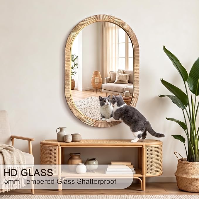 Decorative Rattan Wall Mirror, Boho Bathroom Modern Makeup, Rustic Wall Bohemia Mirrors for Bedroom, Living Room, Vanity Versatile Farmhouse, Nursery, Bathroom (Oval 36“x24”)