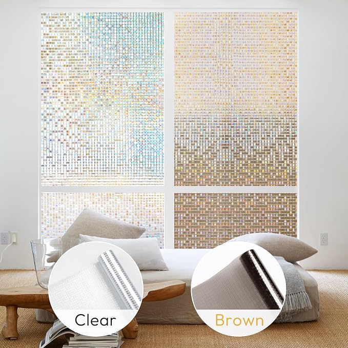 rabbitgoo Window Privacy Film, Mosaic Stained Glass, Brown 17.5" x 157.4" | Rainbow Decorative Removable Static Cling Tint, UV Blocking Reduce Heat, Non-Adhesive Privacy Covering for Home, Office