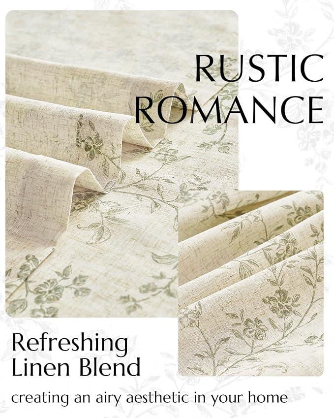 jinchan Green Floral Linen Curtains 96 Inch Farmhouse Back Tab 2 Panels | Flower patterned drapes, french country, light filtering, semi sheer, printed, privacy, bedroom, living room, home decor