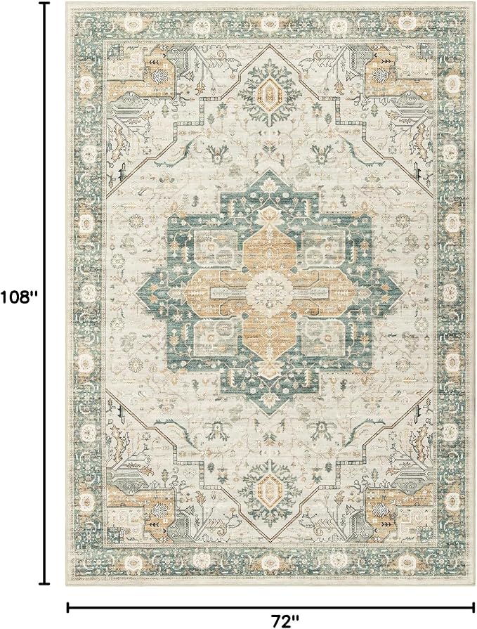 Roxstand 6x9 Washable Area Rug, Low Pile Non Slip Rug, Green/Grey | Large Area Rug, Non-slip Backing, Super-Soft Floral Vintage, Low Pile, For Living Room, Bedroom, Dining Room, Office