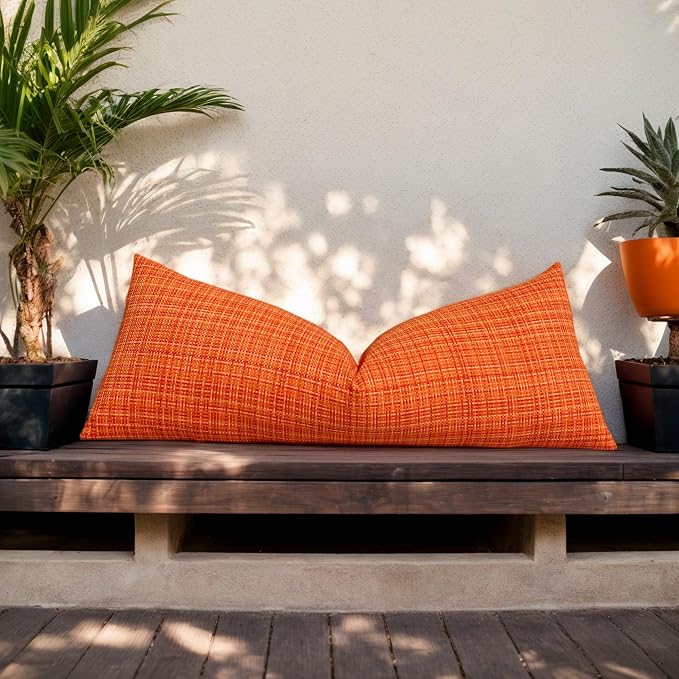 Kevin Textile Outdoor Waterproof Throw Pillow Covers 14x36 Inch Pack of 1 Woven Faux Linen Decorative Water Resistant Long Body Lumbar Cushion Covers for Tent Patio Garden Couch Sofa Orange