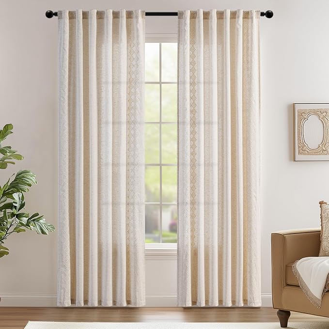 jinchan Boho Curtains Linen Blend Ivory Farmhouse Curtains 84 Inches Long for Living Room Square Embroidered Bordered Back Tab Living Room Window Light Filtering Bohemian Drapes 2 Panels