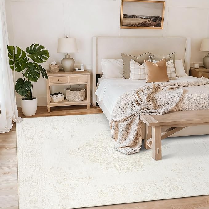6x9 Area Rugs for Living Room: Washable Vintage Large Retro Rug Soft Non-Slip Indoor Low Pile Carpet for Bedroom Dining Room Nursery Office (Beige, 6' x 9')