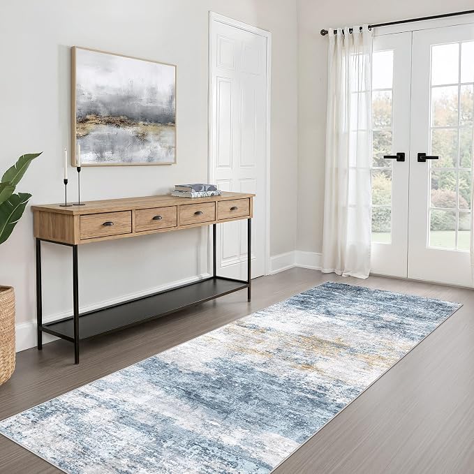 Runner Rug Non-Slip Kitchen Rug: 3x10 Washable Abstract Modern Soft Stain Resistant Indoor Floor Neutral Accent Throw Carpet for Hallway Bathroom Laundry Room Bedroom Entryway- Blue Gold