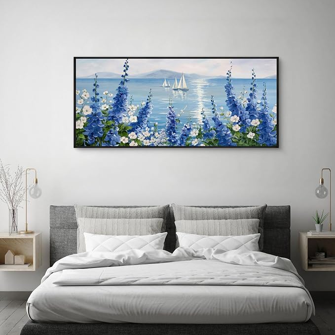 XLSJERST Coastal Painting Picture - Extra Large 70x31 Inches Sailboat Wall Art Nautical Flower Blue Canvas Print Framed Artwork for Living Room Bedroom Home Decoration