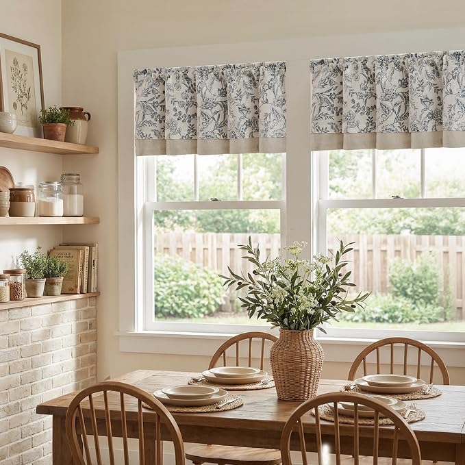 jinchan Linen Valance Curtain Farmhouse Floral Printed Small Window Curtain for Kitchen Rustic Light Filtering Valance for Living Room Bedroom Bathroom 18 Inch Rod Pocket 1 Panel Black on Beige