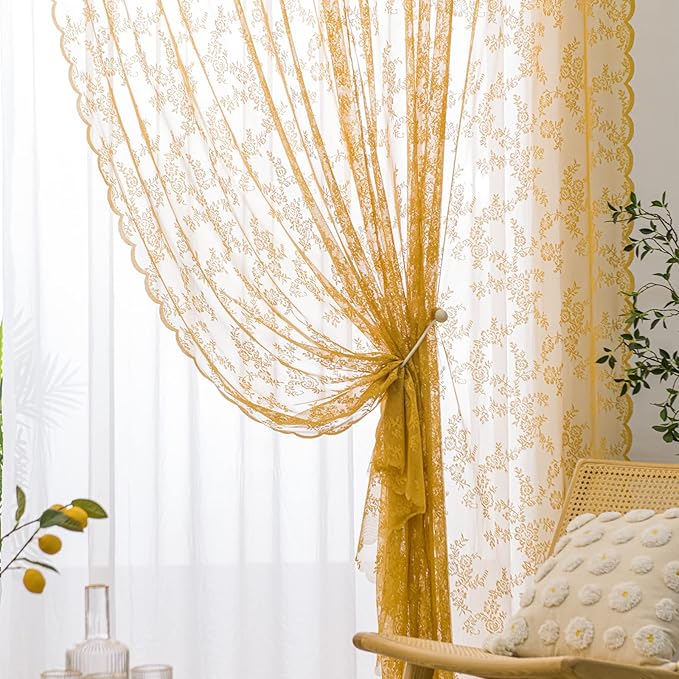 Sutuo Home Gold Lace Curtains Set of 2, Sheer Panels 63 Inch Length Floral Embroidery Vintage Voile Window Treatment Pair for Bedroom Living Room Kitchen, Shabby Chic Decor Rod Pocket, W57 x L63
