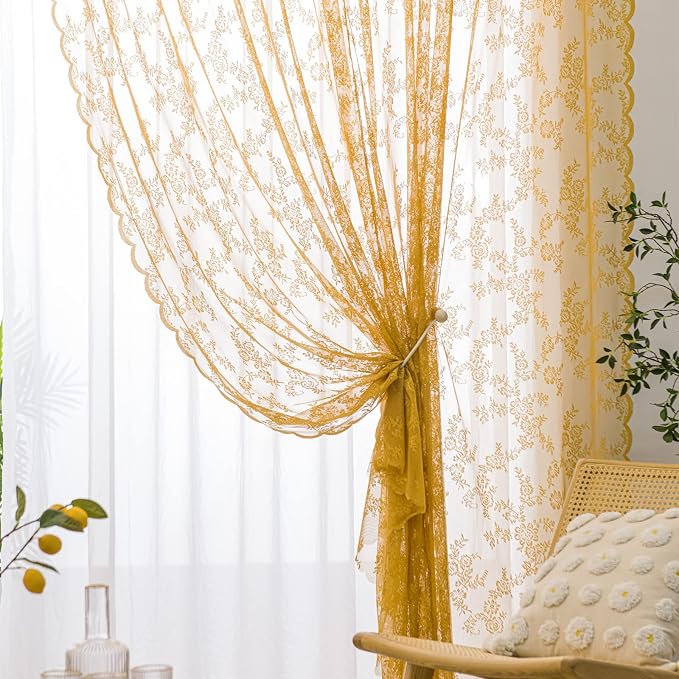 Sutuo Home Gold Lace Curtains 84 Inches Long 2 Set, Sheer Panels Floral Embroidery Vintage Voile Window Treatment Pair for Bedroom Living Room Kitchen, Retro Christmas Decor Rod Pocket, W57 x L84