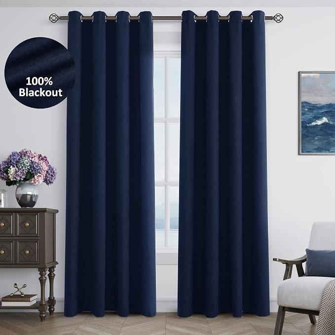 Jowels Navy Blue Linen Blackout Curtains 84 Length 2 Panels Set for Living Room Bedroom, 100% Black Out Thermal Insulated Linen Drapes, Room Darkening Grommet Curtains 84 Inches Long