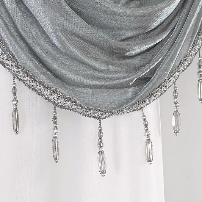 Petrichor Embroidered Sheer Curtain 2 Panels Set - Luxury Window Curtain Attached Valance with Satin Backing and 2 Tie Backs for Living Room,Dining Room, 54x84 inches, Gray