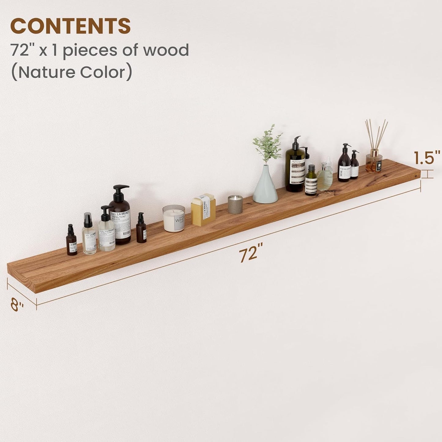 Floating Shelves for Wall Decor, 8" Deep Rustic Solid Elm Wood Floating Shelves Wall Mounted, Wall Shelves with Invisible Bracket for Living Room Bathroom Bedroom Kitchen, 72 Inch Set of 1, Natural
