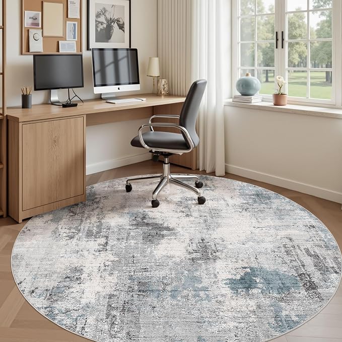 Abstract 8FT Round Rug: Machine Washable Non Slip Ultra Thin Low-Pile Carpet, Soft Stain Resistant for Living Dining Room Bedroom, Kid Pet Friendly, Robot Vacuum Compatible - Grey Blue