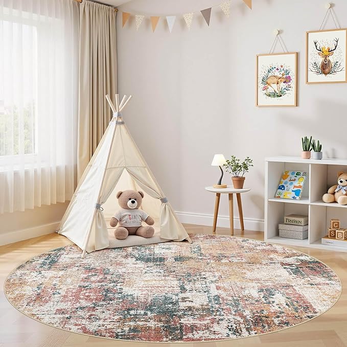 Tortania Washable 10' Round Area Rug for Living Room: Modern Abstract Neutral Large So' Thin Rugs - Non Slip Indoor Carpet for Bedroom Dining Room Office Nursery Home Floor Decoration - Colorful Multi