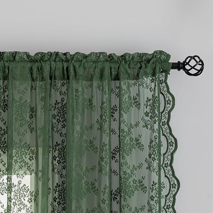 YJ YANJUN Vintage Lace Curtains 45 Inch Length-Victorian Floral Pattern Dark Green Boho Short Sheer Curtain Panels for Bathroom Bedroom,Light Filtering, Bohemian Decor 2 Panels 52W x 45L