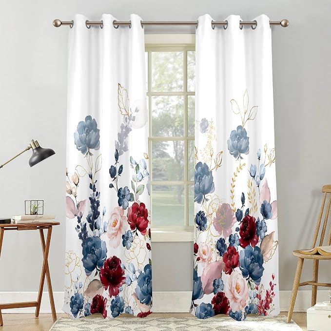 Renaiss Floral Blackout Curtains Watercolor Gray Blue and Red Peony Flower Bloossom Thermal Insulated Window Drapes for Bedroom 53W x 96L inches 2 Panel Set Window Curtains for Living Room
