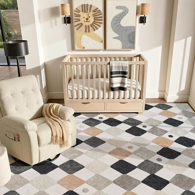 jinchan Macy 8x10 Kids Area Rug for Classroom Black and White Modern Colorful Nursery Rug Checkered Diamond Play Mat Washable Soft Non Slip Carpet for Playroom Living Room Bedroom Marble on Cream