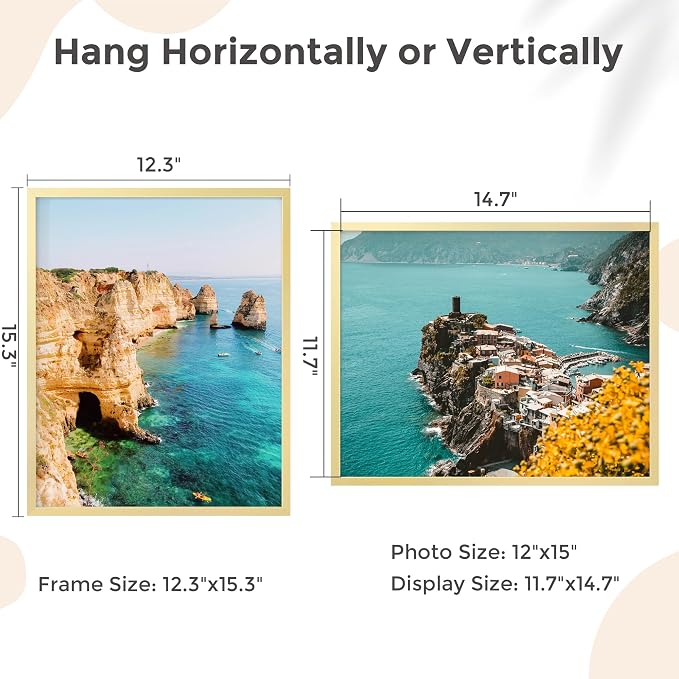 FLYJOE 12x15 Metal Picture Frame - Gold Aluminum Picture Frames with Real Glass, Wall Mounting Horizontally or Vertically, Diploma, Certificates for Wall Gallery Poster Photo 15x12 Frame, Gold
