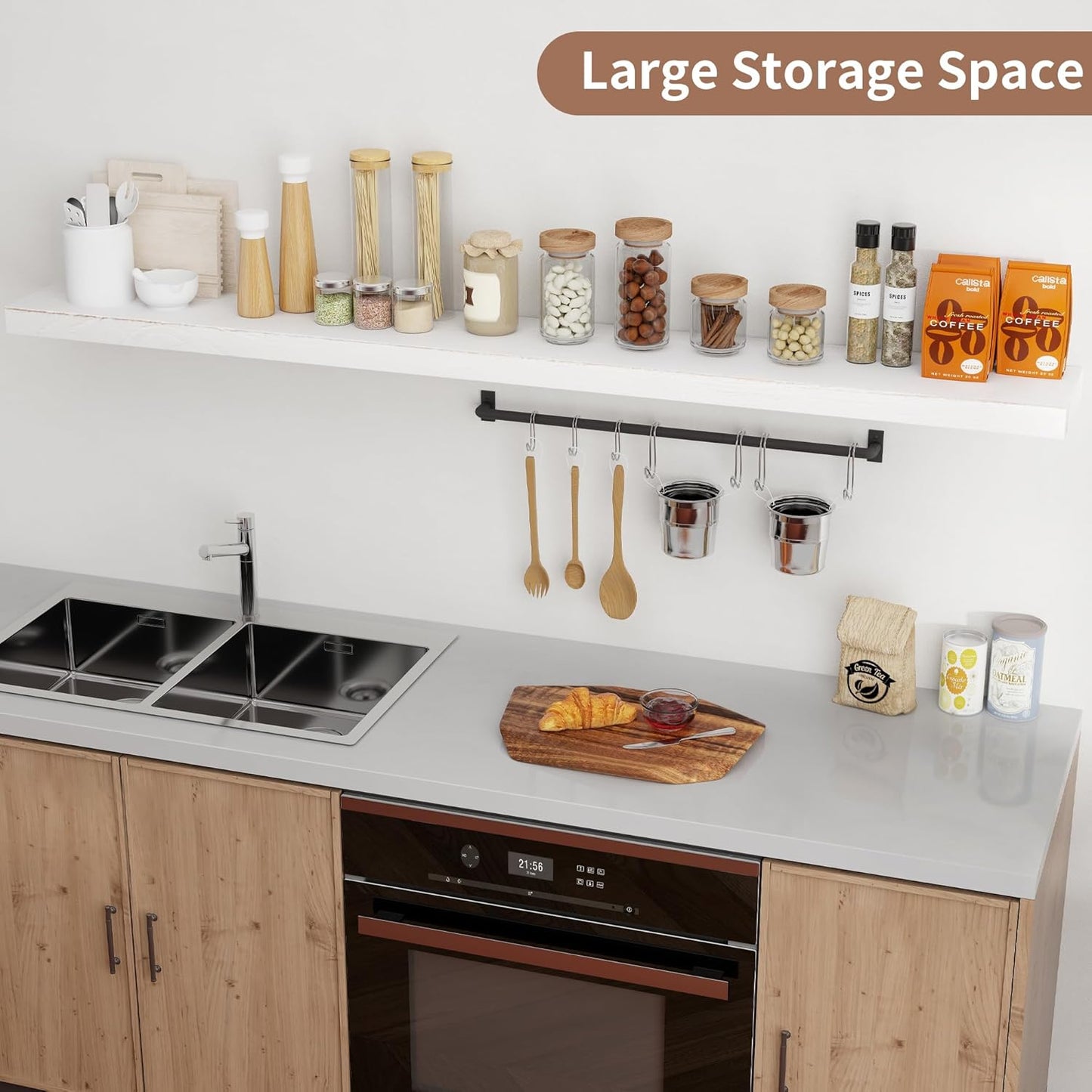 Rustic Elm Wood Floating Shelves - 72'' W x 8" D Wall Mounted Mantel Shelf with Invisible Bracket, Large Long Storage Shelves for Living Room, Bedroom, Kitchen, Bathroom, White Wash