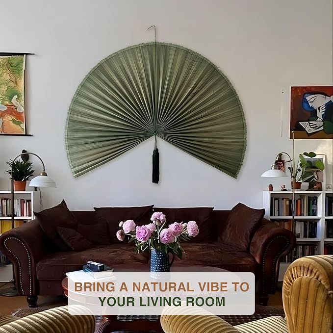 SUCHUBU Green Bamboo Wall Fan, 40" Botanical Handwoven Wall Decor, Large Japanese Hanging Fan, Asian Wall Art for Boho Interiors, Natural Greenery Inspired Bamboo Art (Green, Medium)
