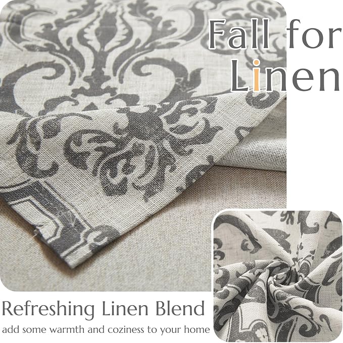 jinchan Linen Valance Curtain for Kitchen Vintage Damask Floral Blackout Valance Double Layer Gray Small Window Curtain for Living Room Bedroom Bathroom 18 Inch Rod Pocket 1 Panel Grey on Beige