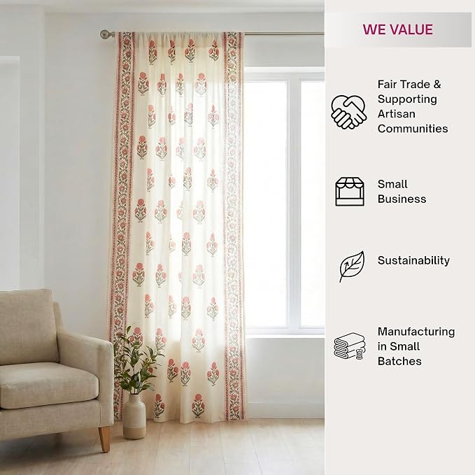ATOSII 100% Cotton Single Panel Block Print Curtain, Easy Hanging with Rod Pocket & Loop, Living Room, Dining Room, Bedroom Light Filtering Boho Curtains, Set of 1, 60" W X 96" L, Flora Pink Poppy