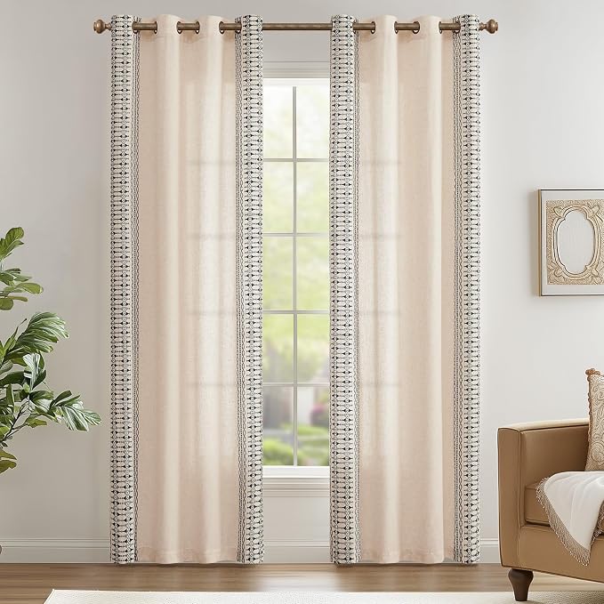 jinchan Boho Curtains Embroidered Linen Blend Window Curtains for Bedroom, Drapes 84 Inch Length 2 Panels Set, Geometry Grommet Bohemian Window Treatments Set for Living Room Black on Beige