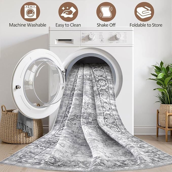 6x9 Area Rugs Living Room: Washable Boho Large Neutral Vintage Soft Rug Stain Resistant Farmhouse Non-Slip Indoor Floor Carpet for Bedroom Nursery Kids Playroom Office Dining Room- Gray