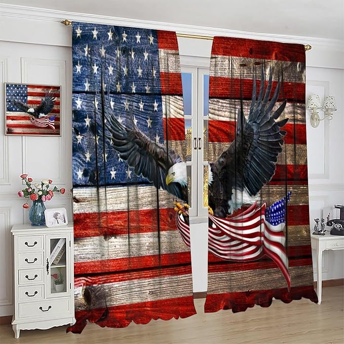 American Flag Curtains, Rustic 4th of July Independence Day Bald Eagle USA Stars Drapes for Bedroom Living Room Kitchen Window Treatment 2 Panels Set Total Size 63" W X 63" L Inch