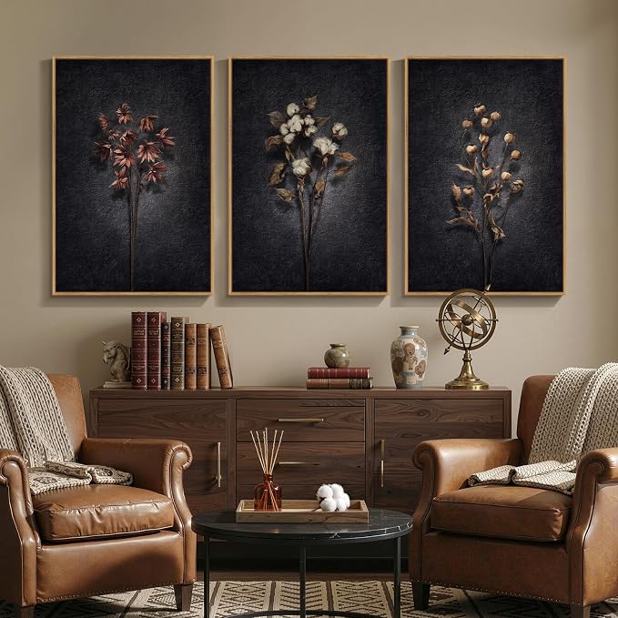 3 Piece Framed Moody Floral Wall Art for Dining Room, Large Vintage Botanical Canvas Artwork for Walls, Dark Black Retro Flower Picture Prints Paintings for Living Room Kitchen Decor, 24x36 Inch