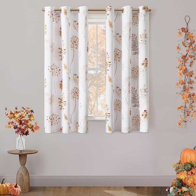 XTMYI Orange Curtains 63 Inch Lenght for Bedroom 2 Panels 80% Blackout Grommet Room Darkening Flower Leaves Print Patterned Fall Curtains for Living Room,63 Inches Long,Burnt Orange and Rust Brown