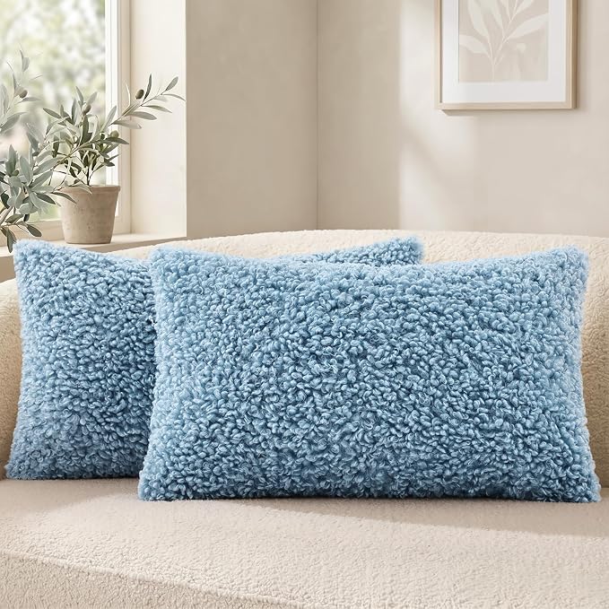 decorUhome Pack of 2 Throw Pillow Covers 12x20 Inch, Faux Fur Decorative Sherpa Pillow Covers Fuzzy Accent Soft Sheepskin Fleece Pillow Cases for Couch Living Room Bed, Light Blue