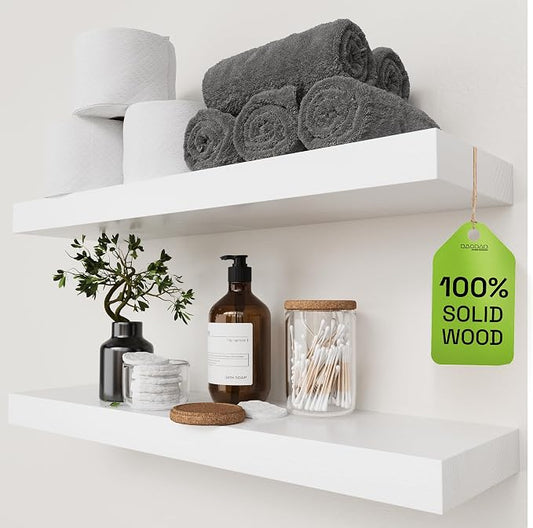 Solid Wood Floating Shelves for Wall 24 Inch White, Wooden Bathroom Shelf | Real Wood, Wall Mounted, Bedroom Kitchen Living Room, Thick, Heavy Duty, Farmhouse, White Finish, 24W x 6.7D, Set of 2