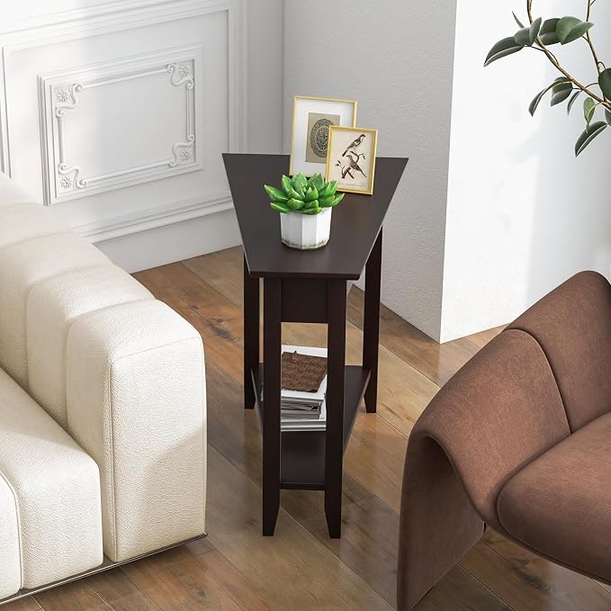 Giantex Wedge End Table Set of 2, Triangle Side Table with Storage Shelf and Solid Wood Legs, Recliner Table, 24.5" Tall Nightstand, Modern Narrow Accent Table for Small Space Living Room, Espresso