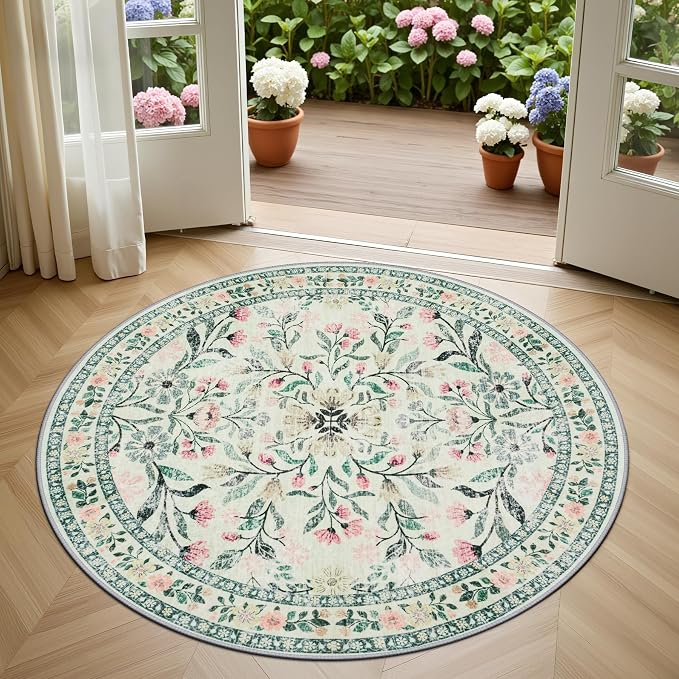 Round Area Rug for Living Room: 4 ft Floral Washable Circle Rug Soft Non-Slip Carpet Indoor Stain Resistant Low Pile Small Circular Rug for Bedroom Entryway Kitchen Nursery Home Office Green Beige