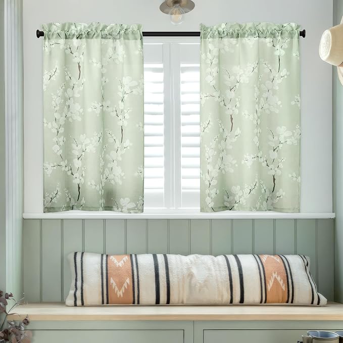 FMFUNCTEX Blossom Floral Printed Tier Kitchen Curtain 36 Inch Length Green White Botanical Design Half Window Curtains for Bathroom Basement Laundry Room Café Curtains Privacy Rod Pocket 2 Panels