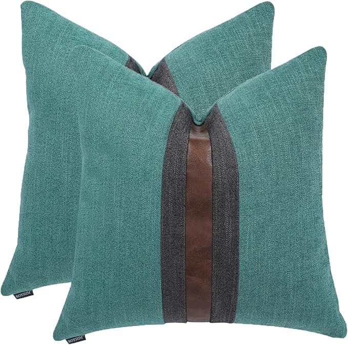 Set of 2 Leather Throw Pillow Covers Cotton Linen Decor Patchwork Pillow Cover Faux Leather Pillows Cover for Couch Sofa Living Room Bedroom,Grass Green 18"x18"