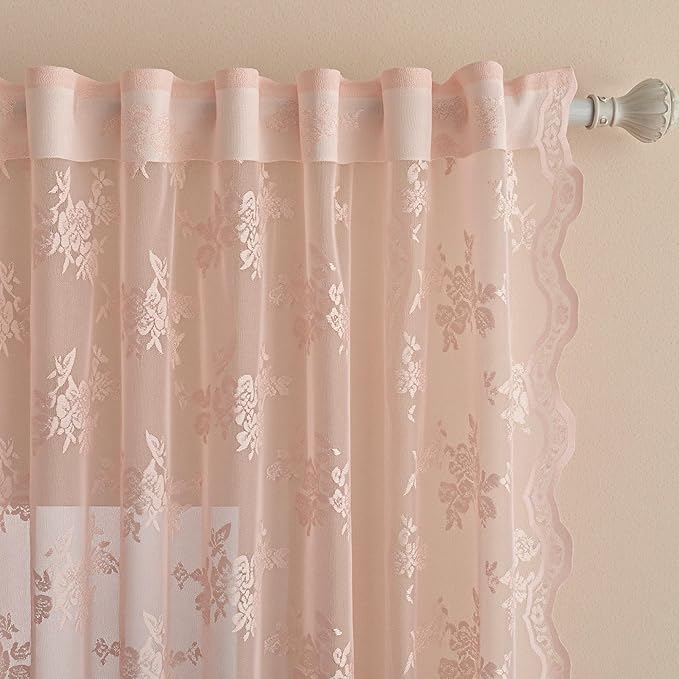 MEETSKY Pink Lace Curtains 96 Inch Length Set of 2 Vintage Victorian French Pretty Elegant for Girls Room Light Filtering Privacy Protect Rod Pocket Sheer Drapes, 50" W Each Panel, Light Pink