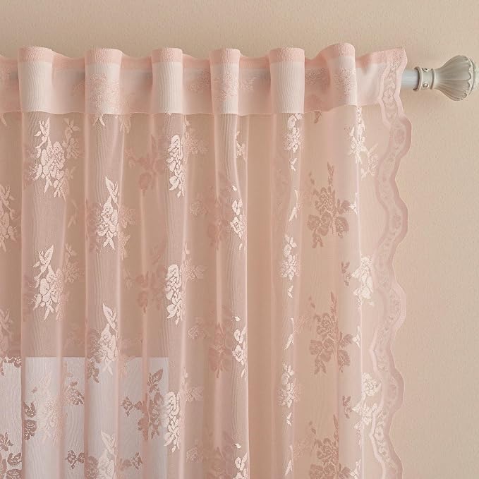 MEETSKY Pink Lace Curtains 84 Inch Long, Sheer Pink Curtain for Girls Room, Floral Patterned Vintage Light Filtering Curtains for Bedroom Princess Room, Lace Drapes 2 Panels, Each Panel 50W x 84L