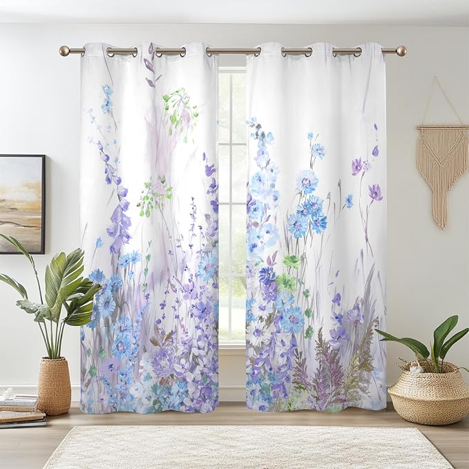 Renaiss Purples Blue Floral Print Blackout Curtains, Pastel Wild Flowers Thermal Insulated Bedroom Window Curtains, Spring Floral Art Window Drapes for Living Room, 84" L x 42" W 2 Panel Set
