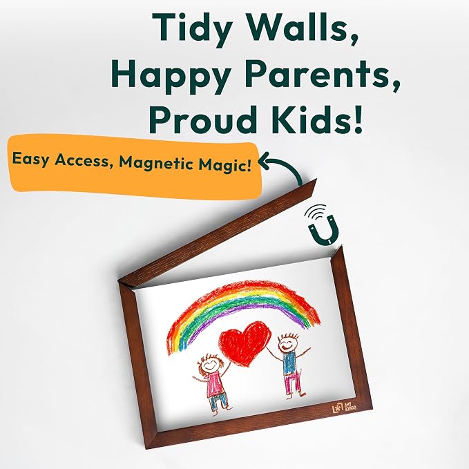 Magnetic Kids Art Frame 8.5x11 – Lift-Top Real Wood Artwork Display & Storage – Strap-Free Changeable Frame Holds 250 Drawings – Freestanding or Wall Mounted - Brown