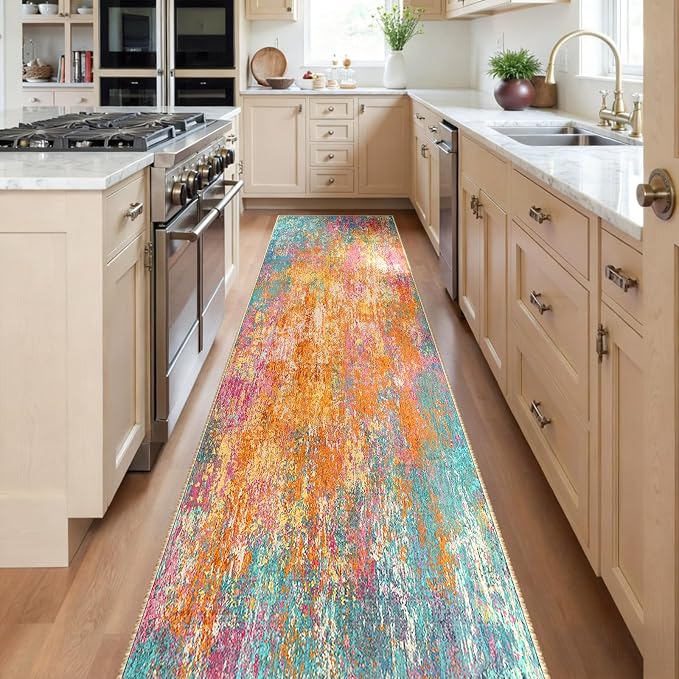 RELEANY Washable Area Rugs 2'x8' Non-Slip Modern Abstract Soft for Living Room Entryway Bedroom Kitchen, Print Pattern, Orange Blue Pink Yellow Colorful