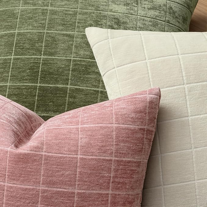 MIULEE Blush Pink Plaid Decorative Throw Pillow Covers 20x20 Set of 2 | Vintage Check Chenille Couch Pillows Neutral Boho Farmhouse Cushion Covers Modern Home Decor for Sofa Bed Living Room